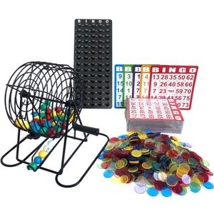 Yuanhe Deluxe Bingo Game Set-Includes Metal Cage,500 Colorful Bingo Chips,100 Bingo Cards,75 Colored Balls,Plastic Masterboard,Great for Large Groups,Parties