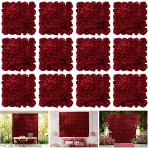 Flower Wall Panel 12 pcs 16.5x16.5 Inch Floral Wall Backdrop Artificial Silk Rose Wall Decor Ideal for Wedding Celebrations, Festive Party Backdrops, and Home Decor-Maroon
