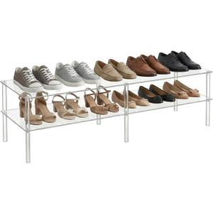 2 Tier Acrylic Long Shoe Shelf Clear Acrylic Shoe Organizer, 42.5" L x 11.8" W x 12.2" H, Holds 10 to 12 Pairs for Heels, Sneakers, Flats in Closet, Entryway, Bedroom, Easy Assembly & Clean