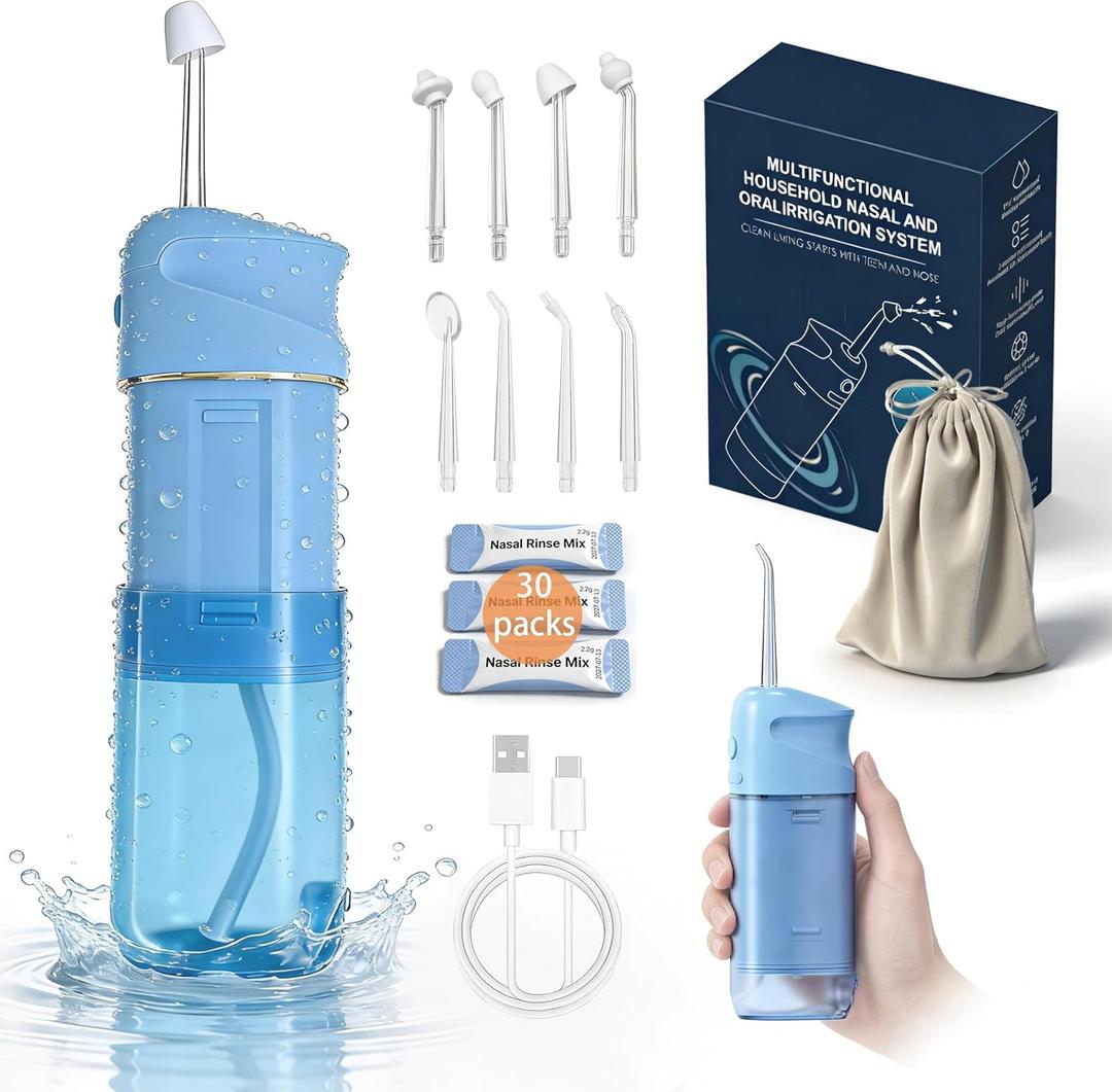 Nasal and Oral Dual-Function Irrigation System, Equipped with 8 Nozzles and 30 Packs of Salt Packets, Used to Relieve Sinus Problems and Provide Dual Care for Mouth and Nose.(Blue)