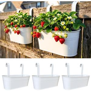 LaLaGreen Outdoor Rail Planter (17 Inch, 3 Pack) Large Porch Railing Planters White Metal Planters Balcony Apartment Hanging Deck Garden Patio Fence Flower Pots Plants Hang Decorations Baskets Pot