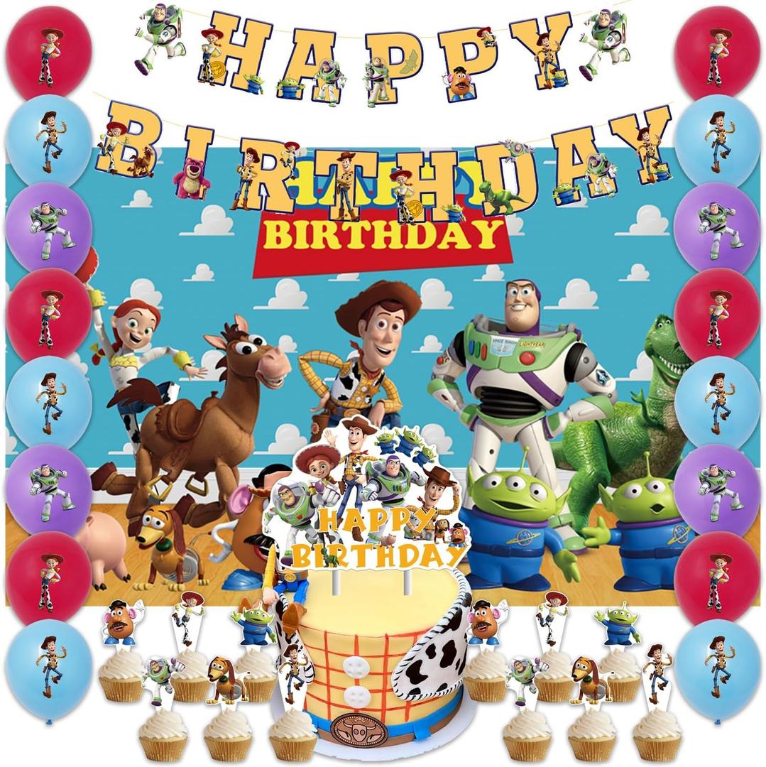 42 Pcs Toy Birthday Party Supplies Pack Includes Banner Cake Topper Blackdrop Balloons for Toy Party Supplies