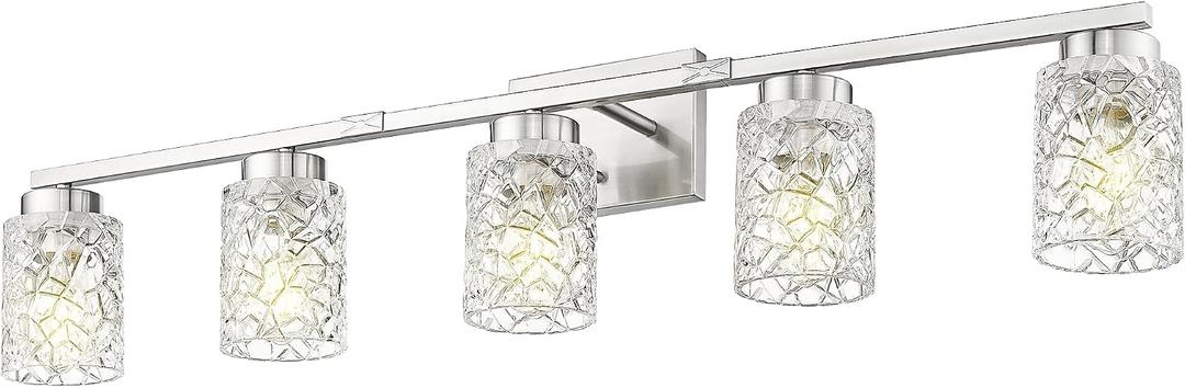 Emliviar 5-Light Modern Bathroom Vanity Light with Clear Geometric Glass, 40 Modern Brushed Nickel Bathroom Wall Light, E26 Base, HE294B-5W BN