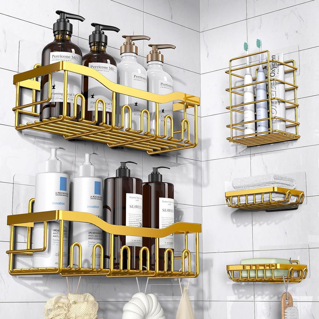 5-Pack Rustproof Stainless Steel Shower Caddy  No Drill Adhesive Bathroom Organizer with Large Capacity, Spacious Shower Shelves for Inside Shower, Kitchen & Home Decor Storage (5-piece set, Bright Gold)