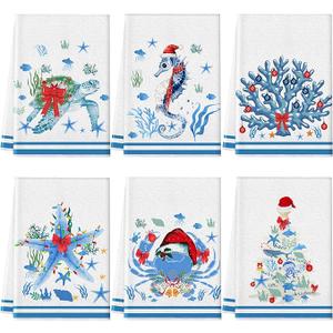Preboun 6 Pcs Christmas Kitchen Towels Beach Coastal Christmas Decor Ocean Decorative Hand Towels Blue Red Dish Cloth Farmhouse Tea Cloth Kitchen Accessories Bathroom Decor Holiday