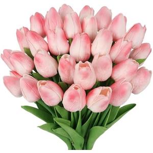 MACTING 30 PCS Artificial Tulip Flowers 13.7" Real Touch Fake PU Tulips Bouquet Faux Flowers for Floral Arrangements Table Centerpiece Kitchen Home Mothers Day Easter Spring Decorations(Peach Pink)