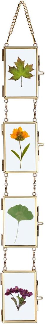JUXYES Set of 4 Mini Wall Hanging Brass Frames For Pressed Flowers, Double Glass Hanging Picture Artwork Display Frame, Vertical Gold Floating Style Gallery Wall Frame For Photo Picture Poster Etc, 3x2 Inches