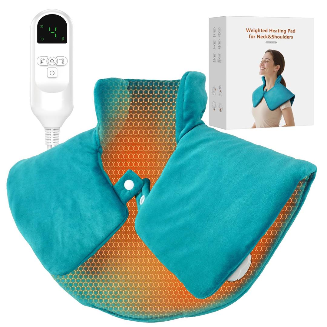 Weighted Heating Pad for Neck and Shoulders, Electric Heat Wrap with 6 Temperature & 4 Timer Settings, Auto ShutOff, Machine Washable, Soothing Muscle Stiffness and Fatigue, Gift for Women Men