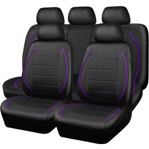 CAR PASS Piping PU Leather Car Seat Cover,Inside Zipper Design and Reserved Opening Holes Airbag Compatible,Universal FIT for Car, SUVs,Van,Trucks,Full Set, Black & Purple (Black and Purple)