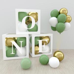 ONE Boxes for 1st Birthday Boy Decorations, 30PCS Green Gold White Balloons and ONE Letters for First Birthday Decorations One Blocks for Boy Girl Baby Shower, Photo Shoot Prop, Table Centerpiece