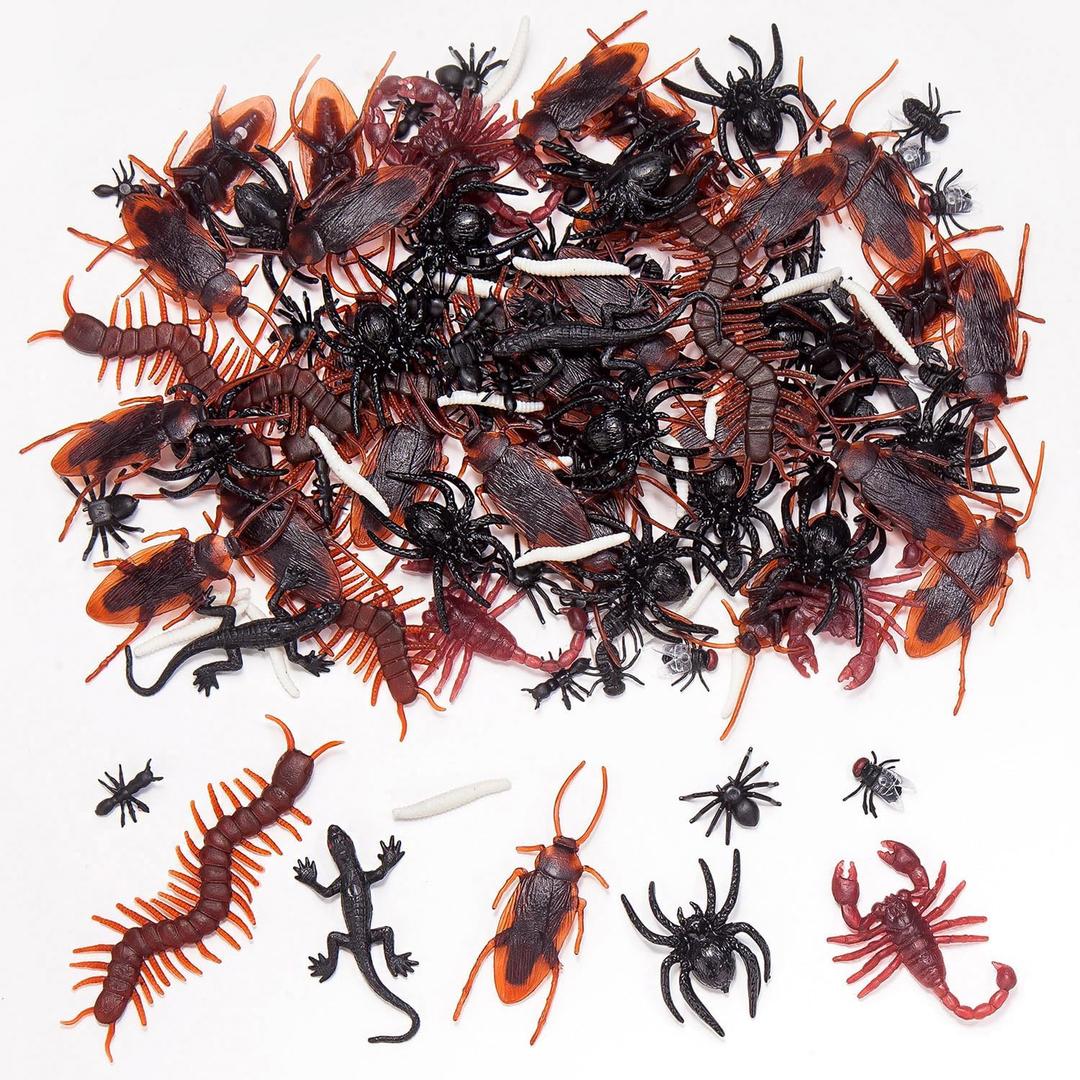 JIAWLEN 120 Pieces Realistic Plastic Bugs Trick Joke 9 Types Scary Insects Cockroaches Spiders Centipedes Scorpions Worms for Halloween Party April Fools Day Decorations