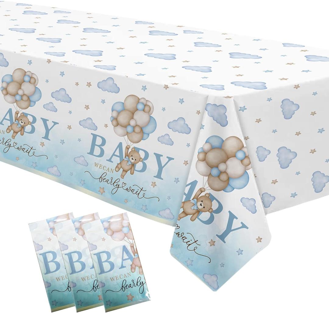 3 Pack Bear Baby Shower Decorations Tablecloth for Boy - Blue Bear We Can Bearly Wait Baby Shower Decorations Party Supplies Table Cover,54in x 108in