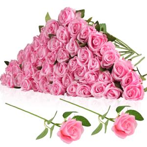 48 Pcs Silk Purple Rose Bouquet Bridal Artificial Flowers, Fake Rose Long Stem Realistic Artificial Flowers for Wedding Arrangement Centerpiece Party Decor (48 Dark Pink)