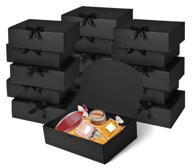WLUSEAXI 15Pack Gift Boxes with Lids, 10.6x7.8x3.1 Inches Bridesmaid Proposal Boxes with Ribbon, Black Gift Boxes for Presents,Kraft Paper Boxes for Wedding Christmas Birthday Baby Shower Party