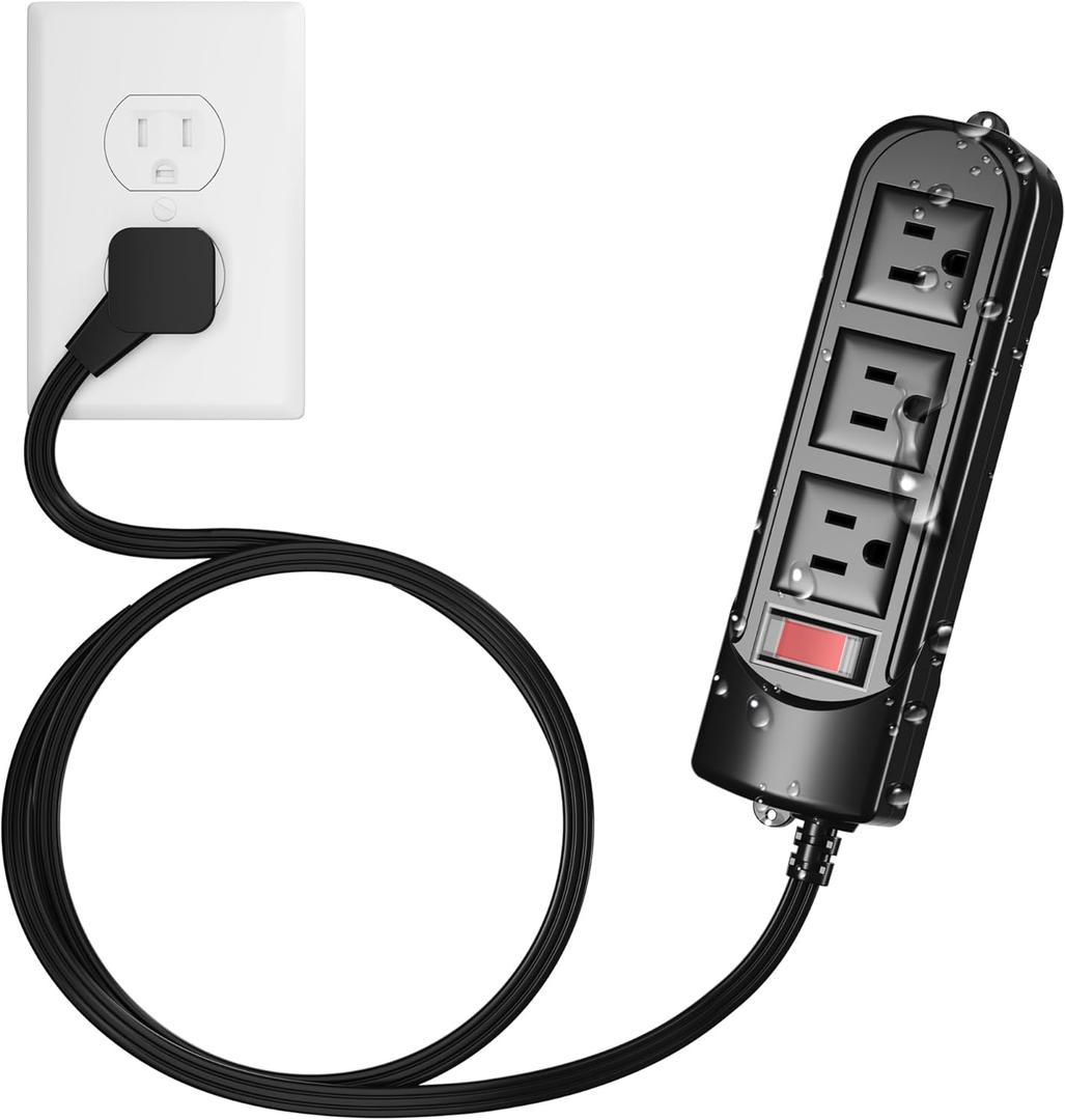 Outdoor Power Strip 6 Ft, IPX4 Waterproof Surge Protector 3 Widely Spaced AC Outlets Extension Cord, 45 Flat Plug, Wall Mountable, 18 Gauge 125V for Garden Patio Camping Christmas Lights-ETL