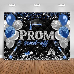 Prom Send Off 2025 Graduation Backdrop 7x5ft Blue and Black Class of 2025 Prom Background Party Decorations Congrats Grad Banner Photo Booth Props