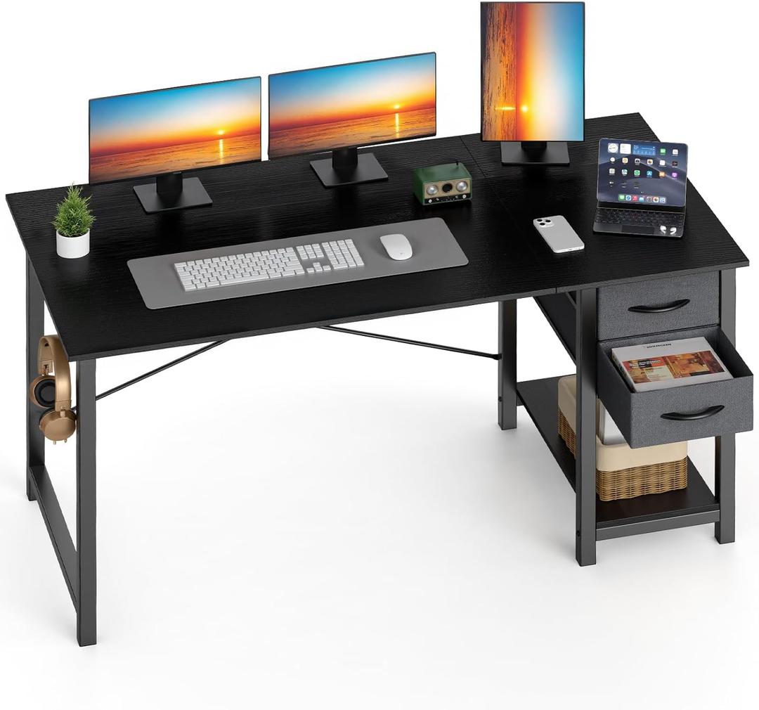 Sweetcrispy 48 Inch Computer Desk with Drawers for Home Office, Writing Desk with X-Shaped Reinforcement, Wood Table with Adjustable Position Drawers, Modern Study Work Table with Side Hook, Black