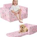 lasoftan Toddler Couch, 2-in-1 Soft Kids Couch Bed Fold Out, Toddler Chairs Comfy for Boys & Girls, Convertible Kids Sofa to Lounge for Playroom, Gift for Birthday, Children's Day - Pink Unicorn