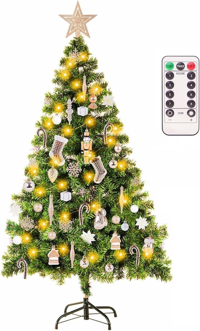 4ft Artificial Christmas Tree with Lights and Ornaments, Small Prelit Xmas Tree with Hanging Balls (8 Modes) for Home Holiday Decoration, Champagne+White