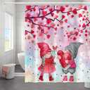 69x70 Inch Happy Valentine's Day Themed Shower Curtain Gnomes Couples Under Red Love Heart Trees for Bathroom Decor Waterproof Fabric Polyester Shower Curtain Sets with Hooks
