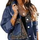 RINTONIX Womens Button Down Distressed Leopard Denim Jean Jacket Washed Long Sleeve Ripped Cheetah Jean Coat (Large, Dark Blue)