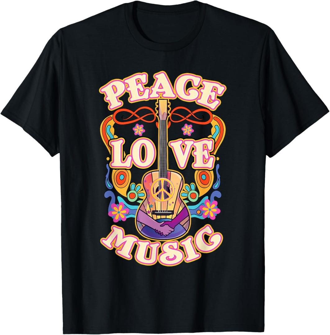 Retro Hippie Guitar Peace Love Music T-Shirt XL