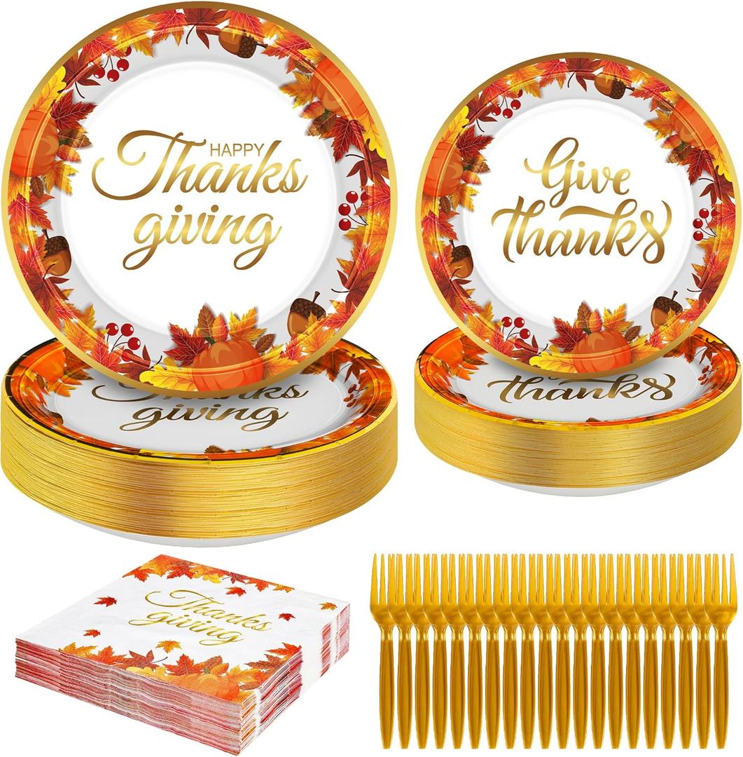 96 PCS Thanksgiving Plates Set, 9" and 7" Paper Thanksgiving Plates and Napkins, Disposable Gold Foil Autumn Party Supplies, Fall Thanks Giving Dinnerware Set for Harvest Party Decorations Serves 24
