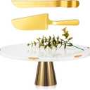 Lallisa 12 Inch Marble Wedding Cake Stand with Golden Knife and Spatula Gold Cake Stand Marble Pedestal Serving Stand Round Dessert Display for Weddings, Showers, Anniversaries, Parties, Home
