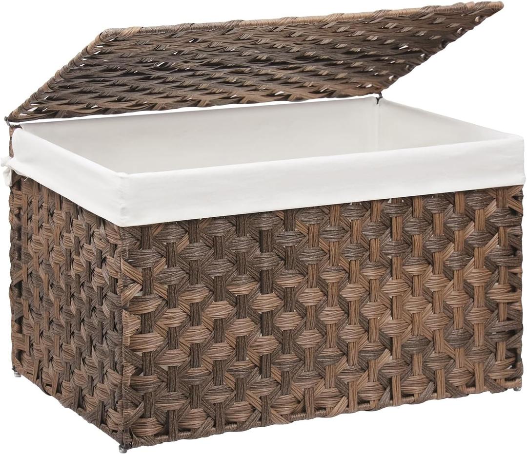 Wicker Storage Basket with Lid, 42.3 Gallon (160L) Large Blanket Basket with Lid, Woven Storage Bin with Handles, Removable Liner, Metal Frame, Foldable, for Bedroom, Laundry Room, Brown (160L:17.7 x 29.9 x 18.1 Inches)