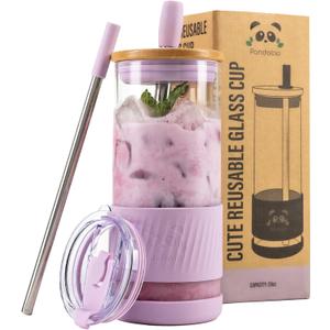 Pandaloo Glass Cups With Lids and Straws -20 Fl Oz- Perfect Size Iced Coffee Cup - Smoothie Cup With Bamboo Lid and On the go Lid - Glass Tumbler With Straw (1 Count (Pack of 1), Lilac Rhapsody)