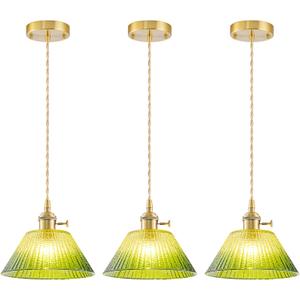 Vintage Pendant Lights Kitchen Island 3 Pack, Adjustable Brass Pendant Light Fixtures with Gradient Green Glass Shade, Gold Kitchen Pendant Lighting Over Island, Pendant Light for Dining Room Hallway, 3 pieces