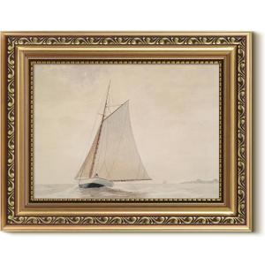 VIYYIEA Gold Framed Wall Art, White Sailboat Canvas Print Home Decor Vintage Art Painting Picture Bathroom Wall Decor, Sketch Artwork for Living Room Bedroom Kitchen Office - 10L x 8W