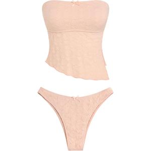 ZAFUL Women's Bandeau Tankini Swimsuit Crochet Bathing Suits (Pink, S)