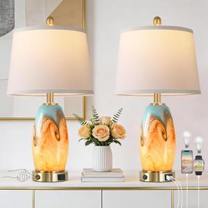 Hamucd Modern Glass Table Lamp Set of 2 with 7 Lighting Modes, 3-Color Temperature Nightstand Lamp with USB A+C Port, Blue-Brown Coastal Bedside Lamp for Living Room Bedroom(LED Bulbs Included)