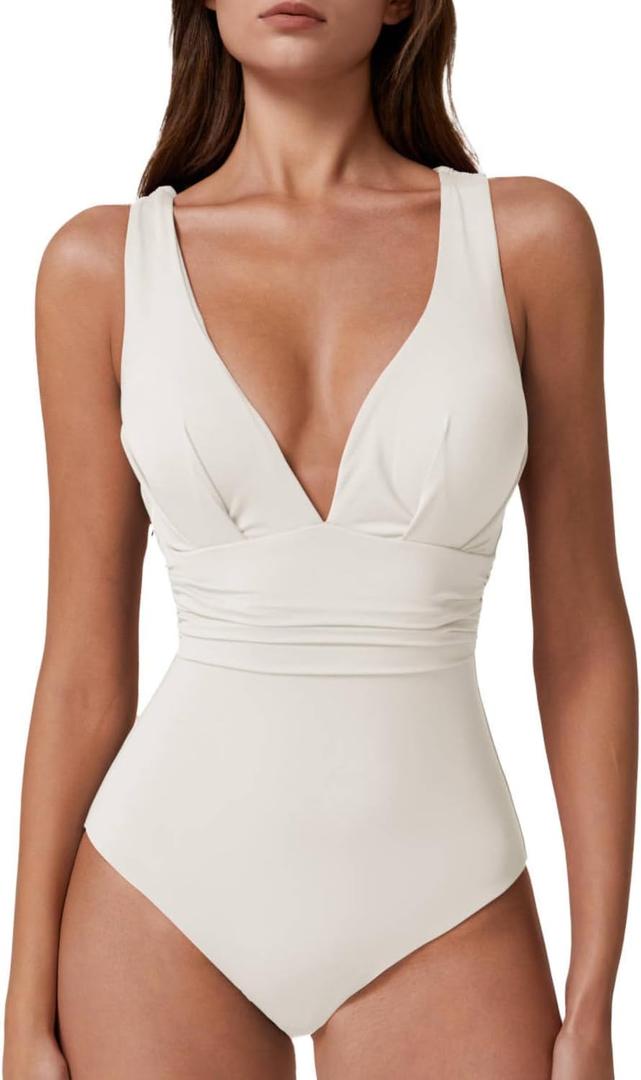 QINSEN Womens Sexy V Neck One Piece Bathing Suit Cross Back Swimsuit High Waist Monokini (Medium, White)