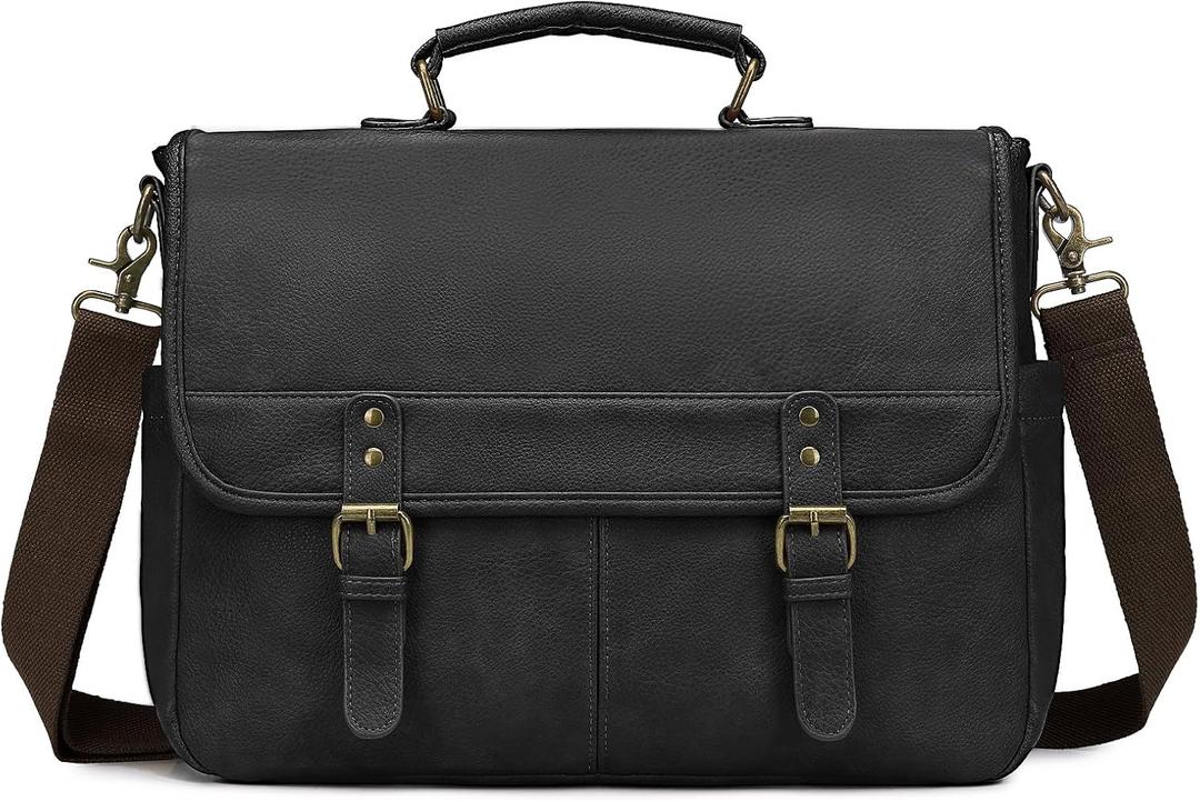 Leather Messenger Bag for Men, 15.6 Inch Laptop Briefcase Large Computer Satchel Shoulder Bag for Work/Business/Travel (Black)