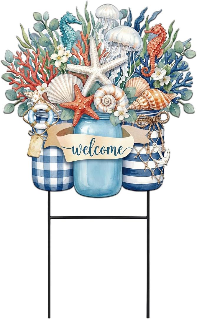 Amyhill Summer Outdoor Decor Coastal Garden Stake 25 Inch Metal Ocean Welcome Yard Sign with Seashell Starfish, Outdoor Nautical Decor for Patio Lawn Walkway Beach Themed Decorations