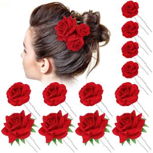 BBTO 12 Pcs Rose Hair Clip Mexican Hair Accessories for Flamenco Dancer Women Mexican Flowers Bridal Christmas Flower Clips for Holiday Wedding Dance Birthday Bridesmaid (Red)