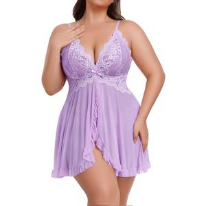 Avidlove Plus Size Lingerie for Women Sexy Lingerie Dress Lace Babydoll Lingerie V-Neck Open Front Strap Nightdress (Large, Lilac)