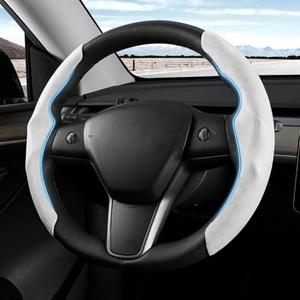 Shademax Custom-Fit for Tesla Steering Wheel Cover, Tesla Model Y / 3 2017-2025 (Fit Model Y Juniper 2026/ Model 3 Highland) Suede Steering Wheel Cover Non-Slip Tesla Model Y/3 Accessories (White)