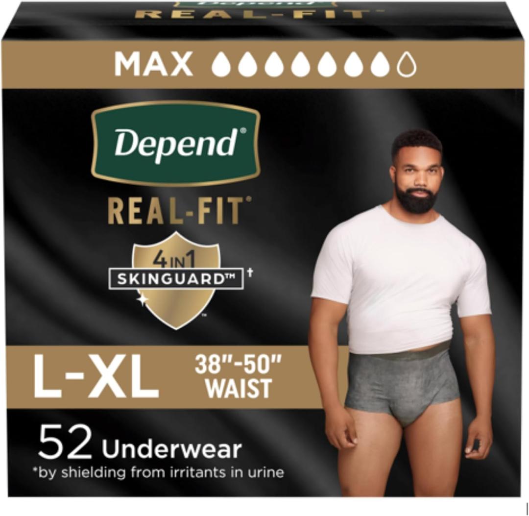 Depend Real Fit Adult Diapers, Incontinence Underwear for Men, Disposable, Maximum Absorbency, Large/Extra Large, 52 Count (2 Packs of 26), Packaging May Vary