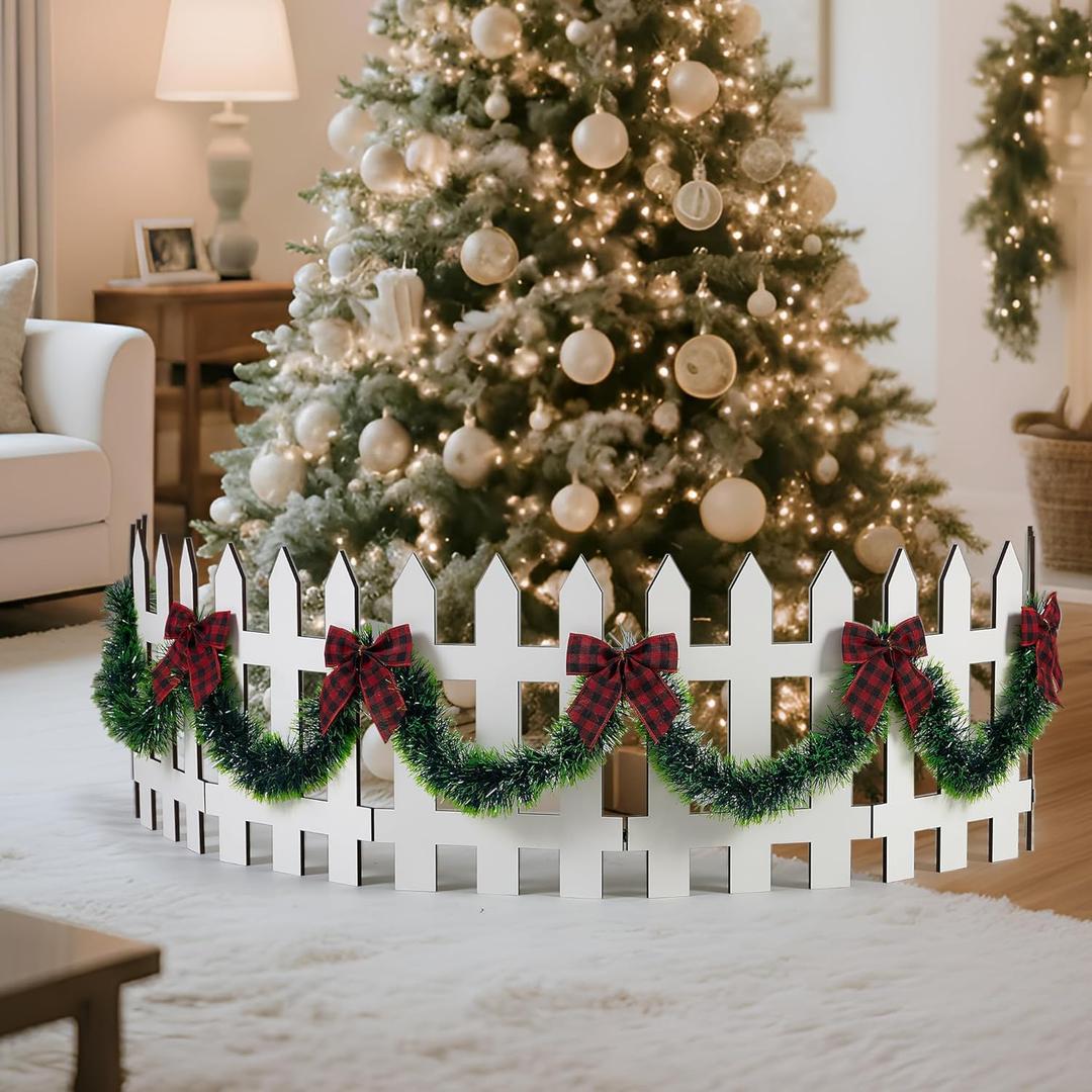 16 Inch Christmas Tree Fences Christmas Tree Gate White Wooden Picket Fence Barrier with Plaid Bows and Garland for Pets Dog Cat Xmas Decorations for Home, Wedding, Party, Garden