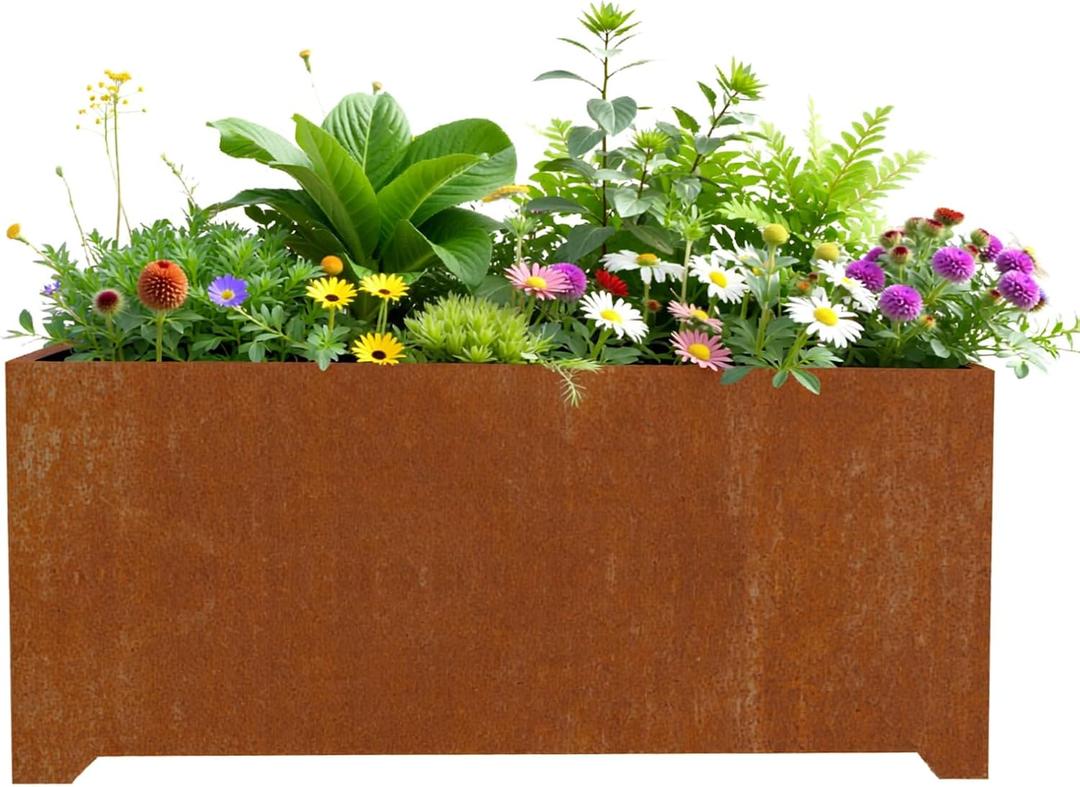Metal Planter Box, Large Outdoor Rectangle Planters with 6 Drainage Holes & Raised Bottom, Cor Ten Steel Planter for Patio, Garden, Porch, 36" L x 15" W x 15" H