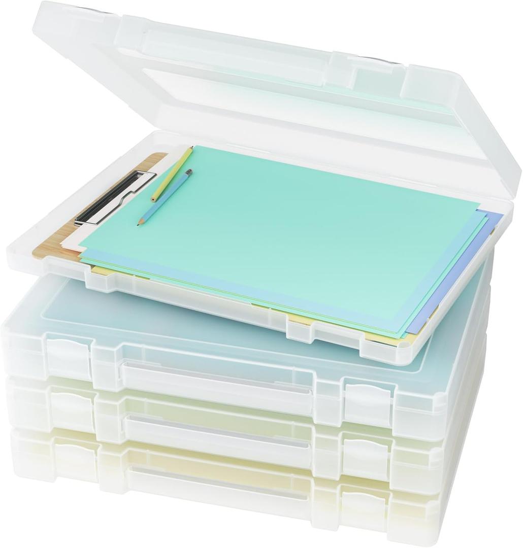 Denkee Large Paper Storage Box, 4 Pack Plastic Scrapbook Paper Storage Organizer with Handle for A4, 8.5 x 11 US Letter, Portable File Document Case, Board Game Storage (White)