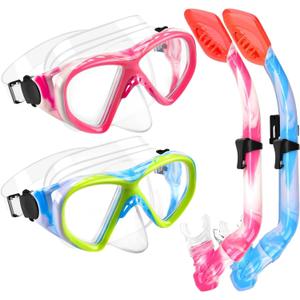 2 Sets Snorkeling Gear for Kids, Kids Snorkel Set for Ages 6-14, Dry Top Snorkel Mask Set for Youth Boys Girls Junior, Tempered Glass Diving Swimming Mask Goggles (Z-2Set(Blue yellow+Pink white))