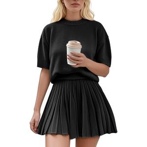 Womens 2 Piece Outfits 2026 Short Sleeve Crewneck Knit Tops And Pleated Mini Skirt Two Piece Sets (Large, Black)