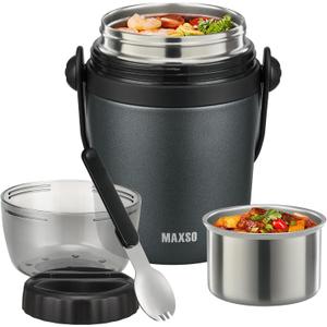 MAXSO Soup Thermo for Hot Food 32 OZ Lunch Container for Adults Vacuum Insulated Stainless Steel Tritan Food Jar Leakproof Wide Mouth Bento Box with Spoon - Grey