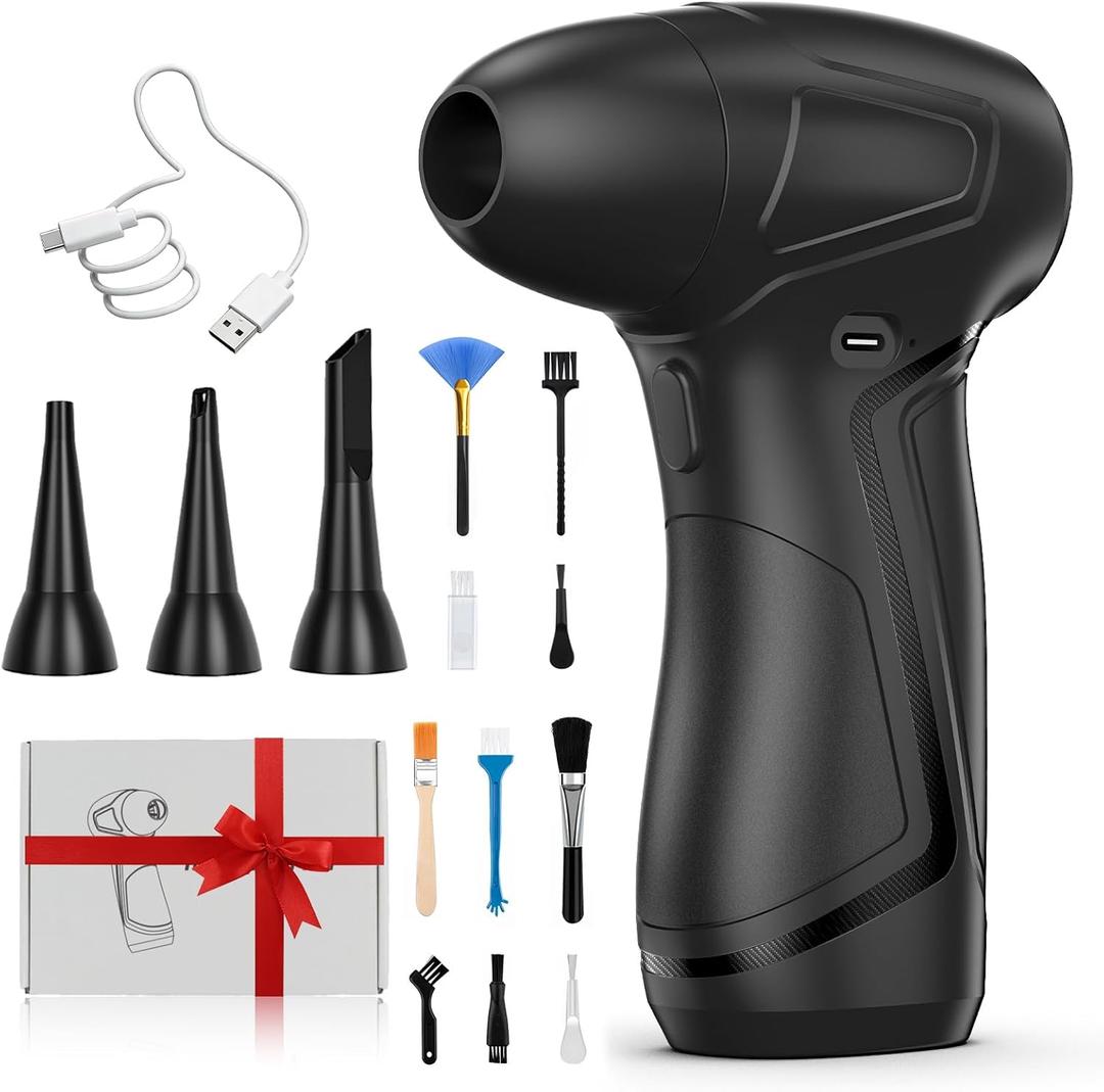 PureWellness Compressed Air Duster Can, Cordless Air Blower, Rechargeable Electric Duster & 3 Nozzles for Keyboard, PC, Home Cleaning, Portable Cleaning Kit, Black