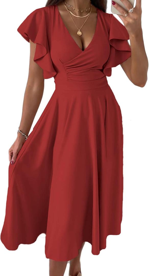 PRETTYGARDEN Summer Midi Dress 2026 Spring Ruffle Sleeve V Neck Cocktail Wedding Guest A Line Fit and Flared Dresses (Red, S)