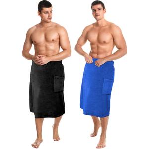 Tudomro 2 Pcs Men's Bath Wrap Towel Large Shower Adjustable Terry Body Spa Towel with Pocket After Shower Wrap for Men Gift Spa College Bath Dorm Room Gym(Black, Bright Blue)